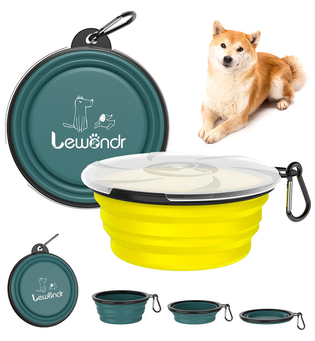 Lewondr 450ml Collapsible Dog Bowl, [2 packs] Silicone Food & Water Travel Pet Bowl Portable with Lids Expandable Pet Feeding Watering Cup Dish for Walking, Kennels & Camping - Dark Cyan & Yellow Deep Cyan+Yellow - PawsPlanet Australia