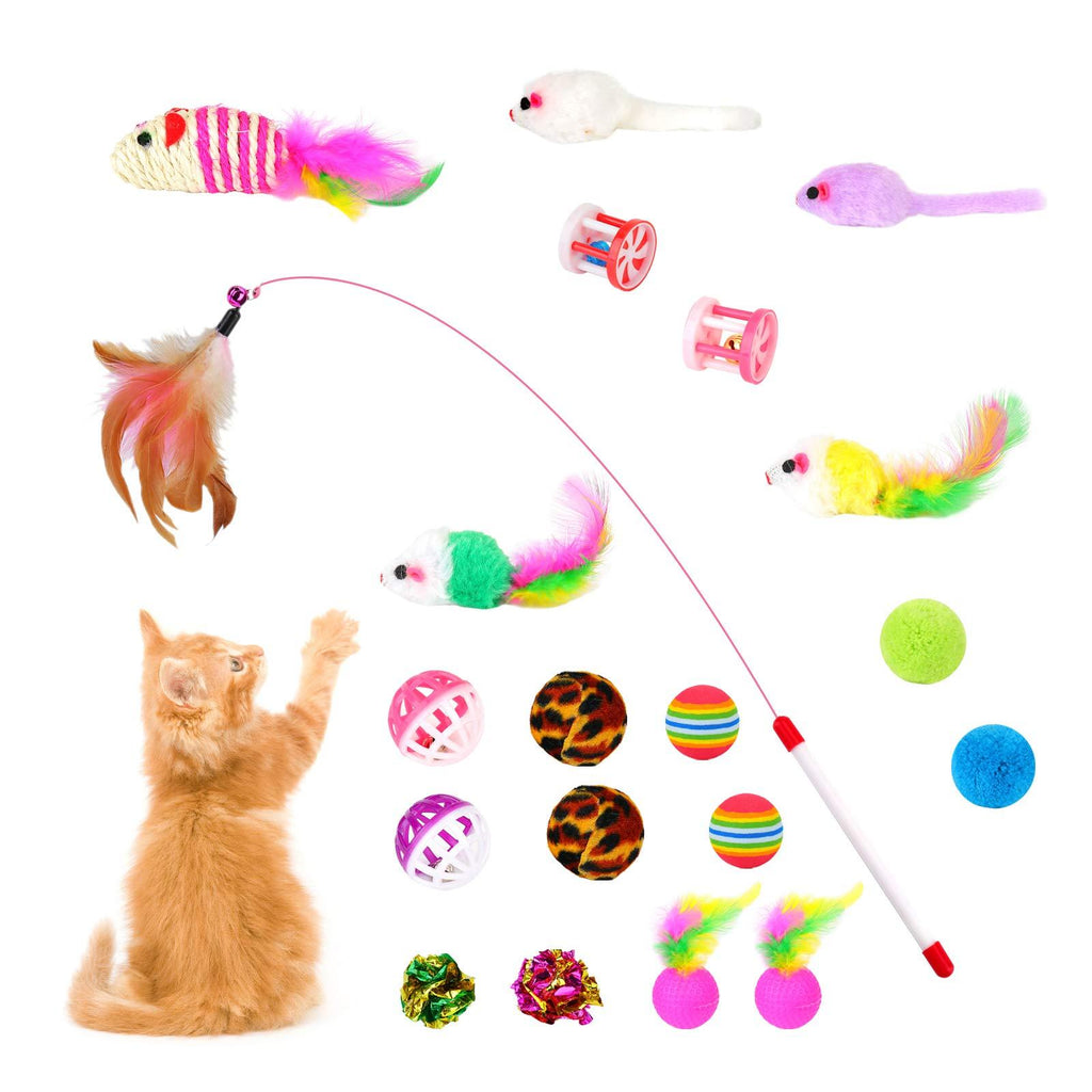 EKKONG Cat Toys, Kitten Toys, Cat Toys for Indoor Cats, Cat Feathers Wand, Cat Interactive Toys Set with Mouse Mice Balls and Bells Toys for Cats Kitty Kitten (20 Pcs) - PawsPlanet Australia