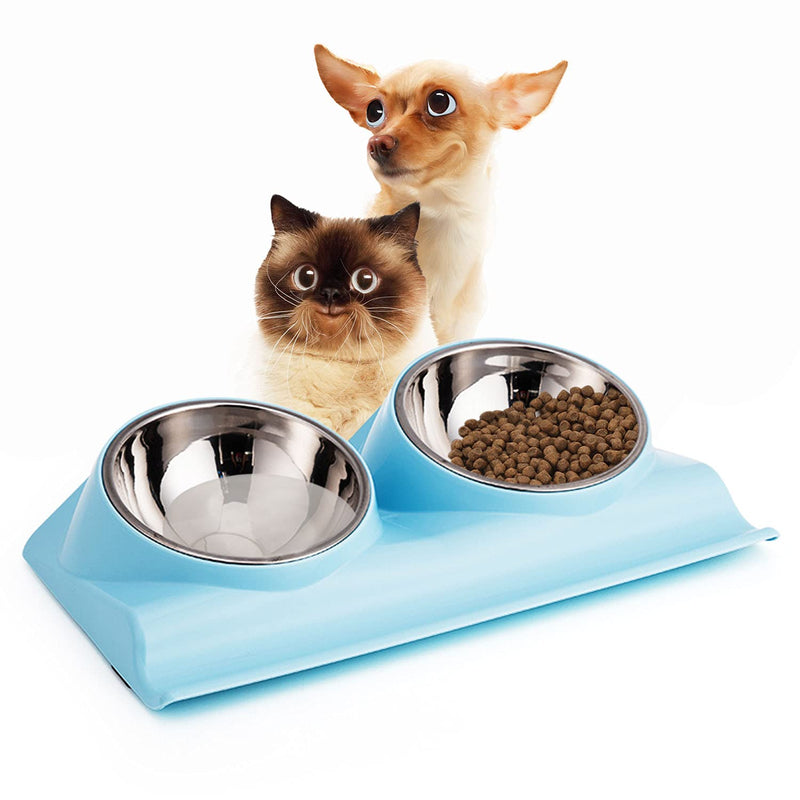 Suhaco Raised Cat Bowl Double Dog Food and Water Bowls 15 Degree Tilted Stainless Steel Pet Feeder with Stand (Blue) - PawsPlanet Australia