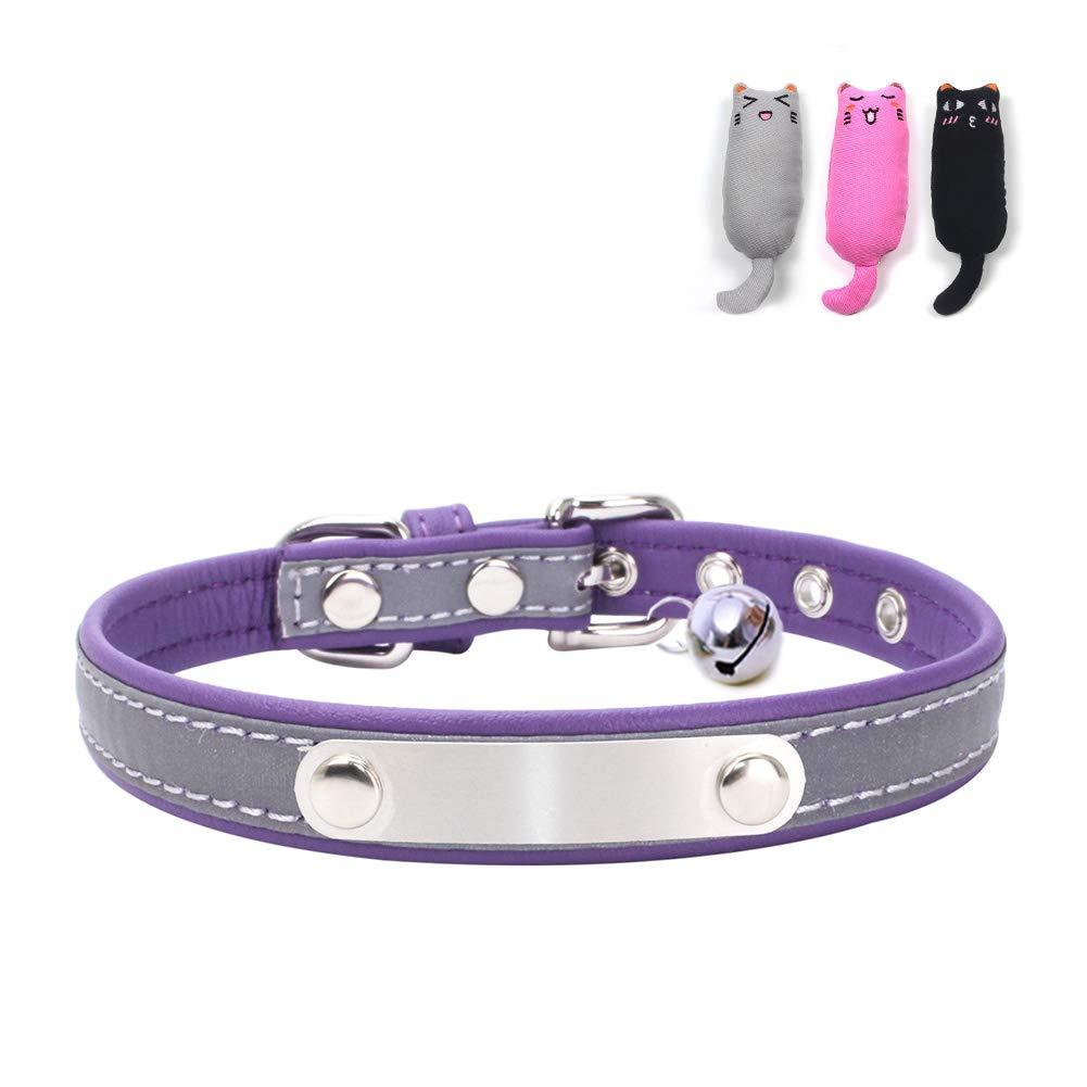 Leather Collar, Adjustable Pet Safety Straps, Reflect at Night and Great Fit,with Padding Waterproof,for Dog and Cat & Free Toys with Small Bell S( 37*1.5cm ) Purple - PawsPlanet Australia