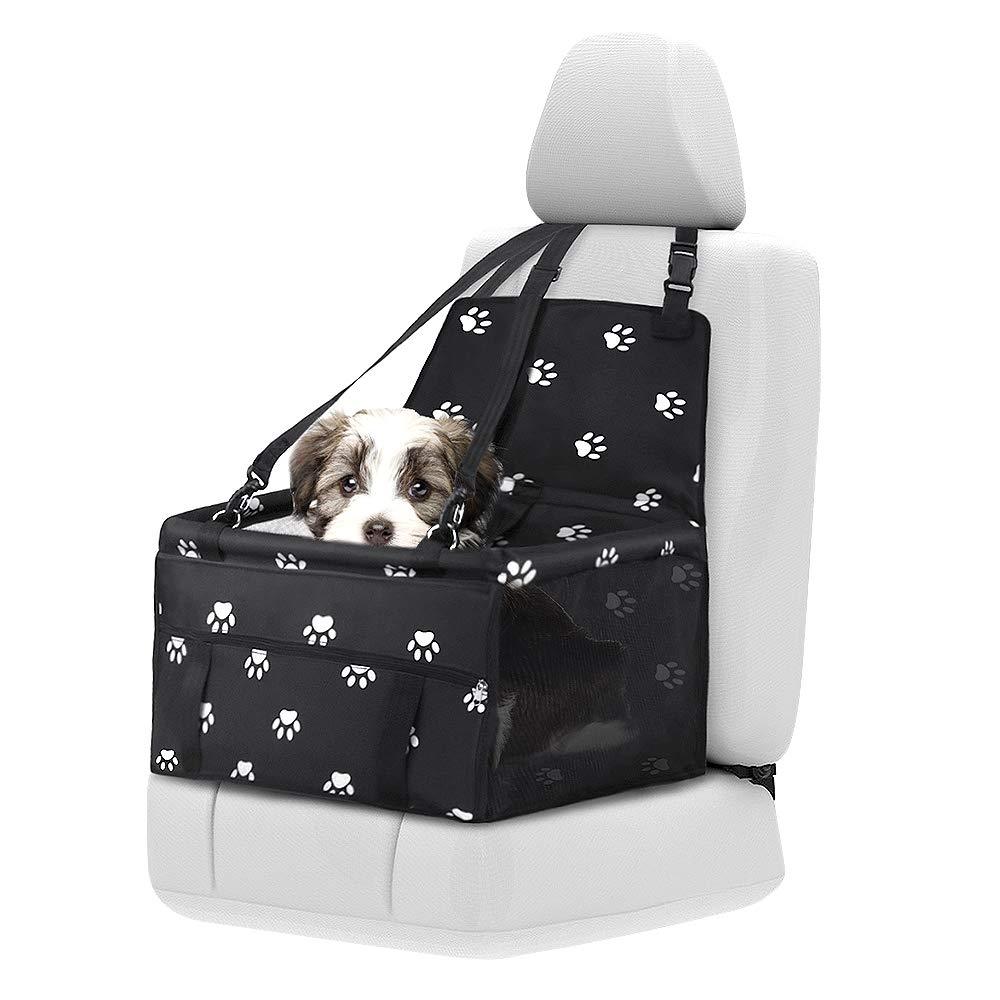 Maxjaa Dog Car Seat, Dog Car Seats for Small Dogs, Portable Pet Booster Car Seat Waterproof & Foldable Puppy Car Seat with Seat Belt Suitable for Medium Pets Under 11KG (Black with Paw Prints) - PawsPlanet Australia