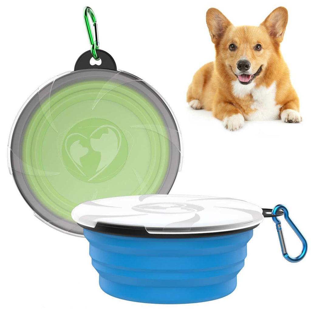 VavoPaw Collapsible Dog Bowl, 2-Pack 450ML Silicone Feeding Watering Travel Bowl for Dog & Cat with Lids, Portable Pet Food Feeder Water Bowl for Travel Camping Walking, Blue + Green 450 ml (Pack of 2) Blue+Green - PawsPlanet Australia