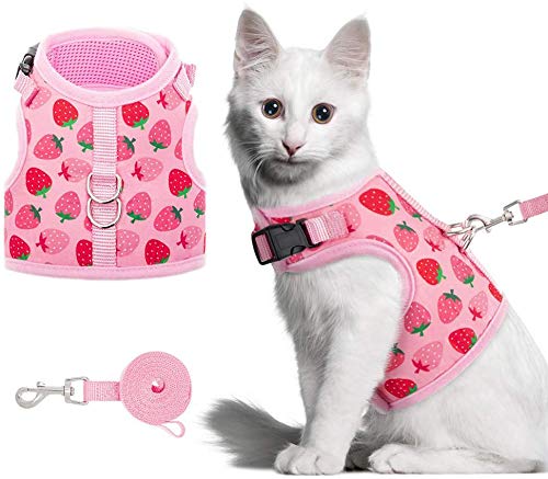 Strawberry Cat Harness and Lead Set- Escape Proof Adjustable Cute Kitty Puppy Floral Mesh Vest Harness for Walking, Pink Strawberry - PawsPlanet Australia