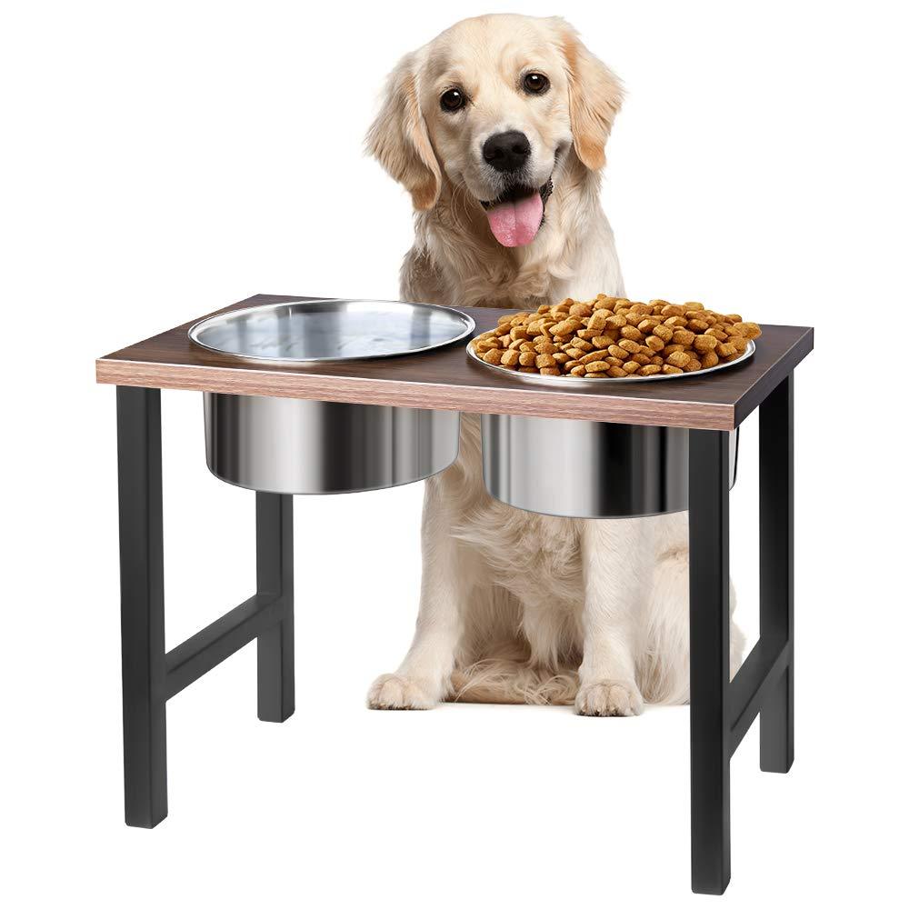 AISHNA Elevated Dog Bowl Iron Stand Large, Raised Dog Pet Feeder Iron Wooden Stand with 2 Removable Stainless Steel Bowls, Perfect for Large Dogs - PawsPlanet Australia