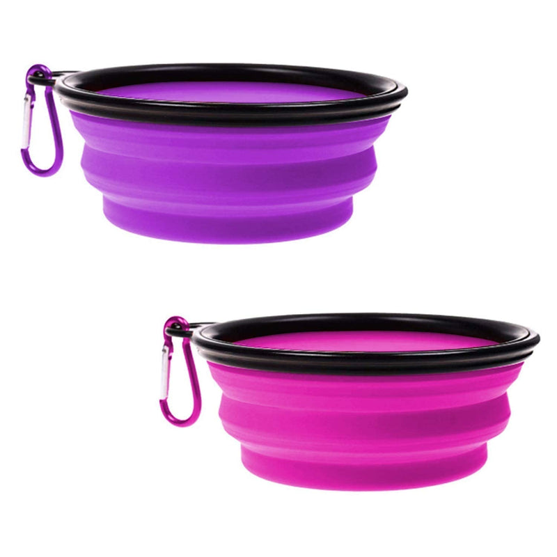 OUOU 2 Pack Collapsible Dog Bowl,Foldable Expandable Cup Dish for Pet Dogs and Cats Food Water Feeding Portable Travel Bowl Pink and Purple witer Free Carabiner - PawsPlanet Australia