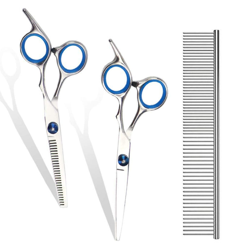 WUWYOUWL Pet Grooming Scissors Set, 3 Pieces Stainless Steel Pet Trimmer Kit Used for Dog Cat and More Pets, Thinning Shear, Straight Scissors, Grooming Comb (Blue) Blue - PawsPlanet Australia