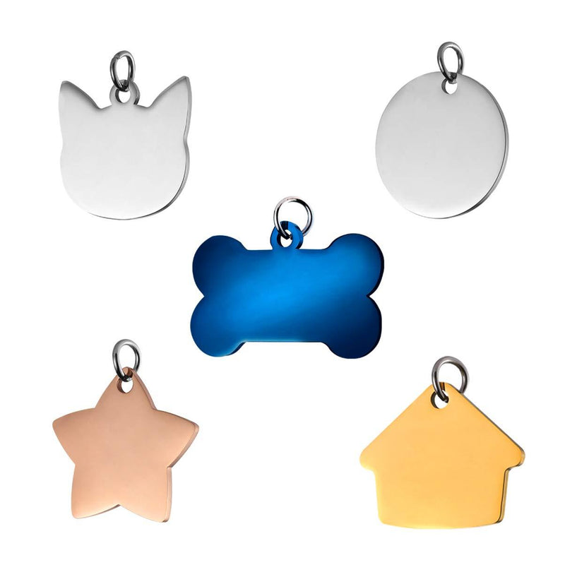 POPETPOP 5PCS Pet ID Tags - Stainless Steel Dog Cat Collar Accessories Dogs Tag and Cats Tag in Bone, Round, Star, House and Cat Face Shapes - PawsPlanet Australia