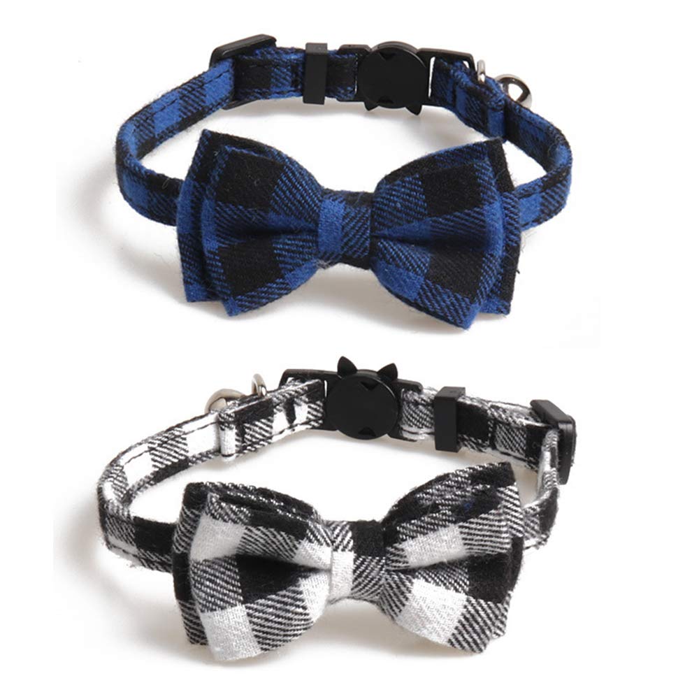 SENDILI 2 Pack Quick Release Cat Collar with Bells and Bow Tie - Cute Plaid Patterns Personalised Safety Collars for Kitty and Some Puppies, Blue + Black-white - PawsPlanet Australia
