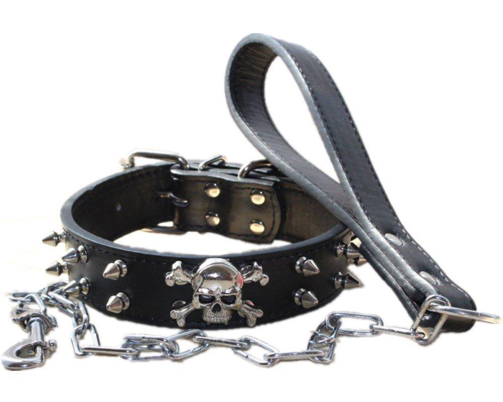 haoyueer Spiked Studded 1.2" Wide Leather Dog Collar Chain Leash Combo Set for Medium Large Pitbull Husky Mastiff Terrier (L, Black) L - PawsPlanet Australia