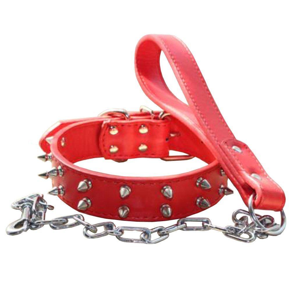 haoyueer Spiked Studded Leather Dog Collar Chain Leash Combo Set for Medium Large Pitbull. Cane Corso. Rottweiler. Bully. Amstaff (L, Red) L - PawsPlanet Australia