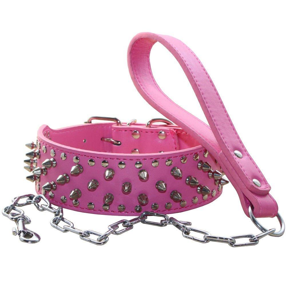 haoyueer Studded Dog Collars Punk Spiked Rivet with Stainless Buckle Soft Leather Chain Leash Combo Set Heavy Duty Fit Pitbull, Bulldog, Doberman (M, Hot Pink) M - PawsPlanet Australia