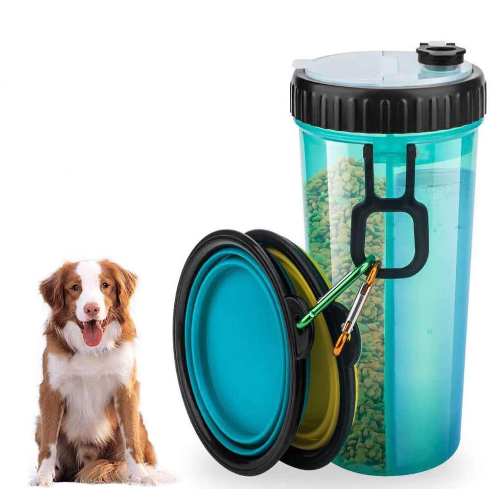 VANDA Pet Travel Water Bottle- Portable Drinking Bottle Feeder Dispenser and Food Container for Travel 2-in-1 Dual Chamber Bottle, with 2 Collapsible Bowls Dogs Cats Feeder Outdoor Travel Take a Walk Blue - PawsPlanet Australia