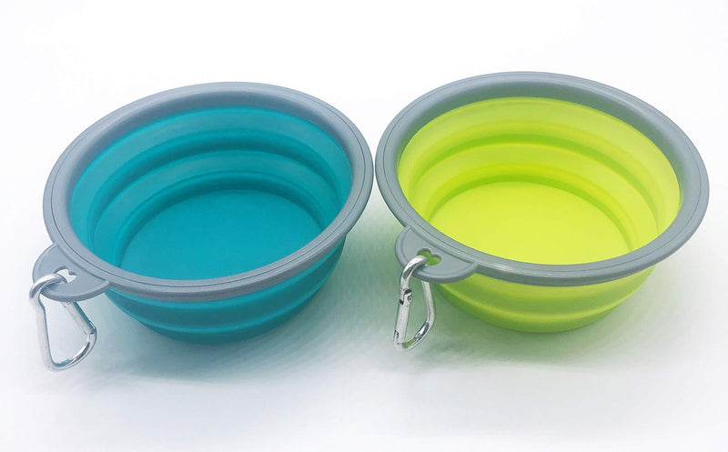 FONYA dog bowl and pet bowl collapsible travel silicone camping/hiking/walking crates with fixing clips [2 cup sets] portable collapsible dog portable (lake blue, yellow-green) - PawsPlanet Australia
