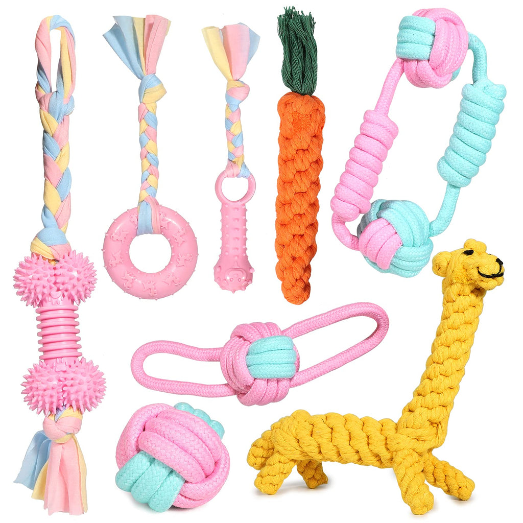 JYPS Puppy Dog Chew Toys, 8pcs Dog Toy Set Teething Training, Chewing Toys for Aggressive Chewers, Interactive Pink Dog Rope and ball Toys Gift Xmas for 8 Weeks Small Puppies, Medium and Large Dogs - PawsPlanet Australia