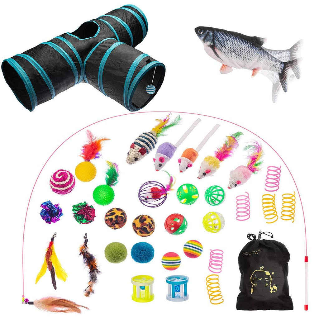Cat Toys Kitten Toys 34 Pcs, Feather Teaser Wand, Mouse Mice Balls, 3 Way Cat Tunnel, Electric Wagging Fish, Bells Toys For Indoor Cat Puppy Kitty With Storage Bag - PawsPlanet Australia
