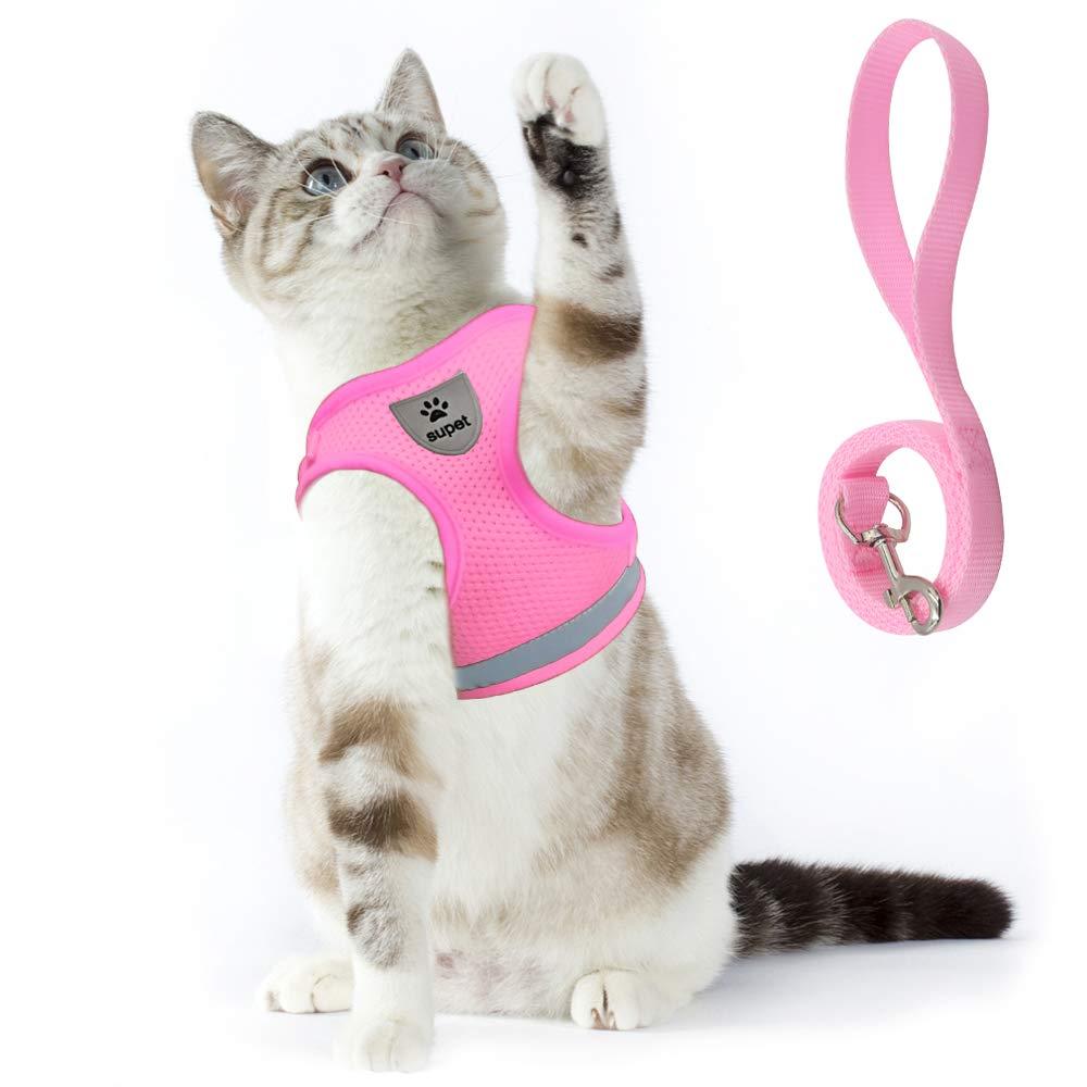Supet Cat Harness and Leash Set for Walking Escape Proof with 2-in-1 Leash and Car Seat Belt Adjustable Harness for Cats Soft Mesh Cat Vest with Reflective Strap for Kitten Rabbit Puppy X-Small (Chest: 10" - 12") Pink - PawsPlanet Australia