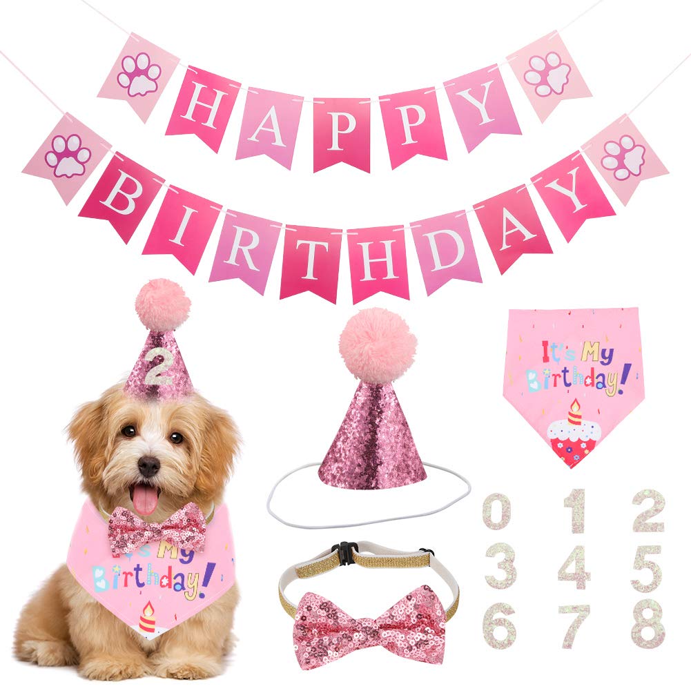 falllea Set of 5 Dog Birthday Bandana Hat Banner Triangle Scarfs Birthday Party Supplies for Small Medium Dogs Cats Costumes Headwear(Pink) Pink - PawsPlanet Australia
