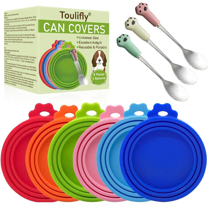 Toulifly Pet Food Can Covers, Can Covers for Pet Food Cans, Universal Size, 6 Pcs Silicone Pet Can Covers & 3 Pcs Pet Spoons, 100% FDA Certified Food Grade Silicone - PawsPlanet Australia