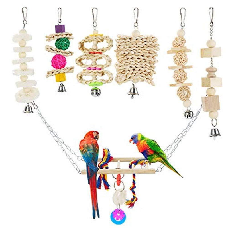 Locisne 7 Pack Bird Parrots Cage Toys Wood Hanging Bell Swing Shredding Chewing Perches Parrot Toy Parrot Bite Toy for Budgie Parakeet Cockatiel Macaw - PawsPlanet Australia