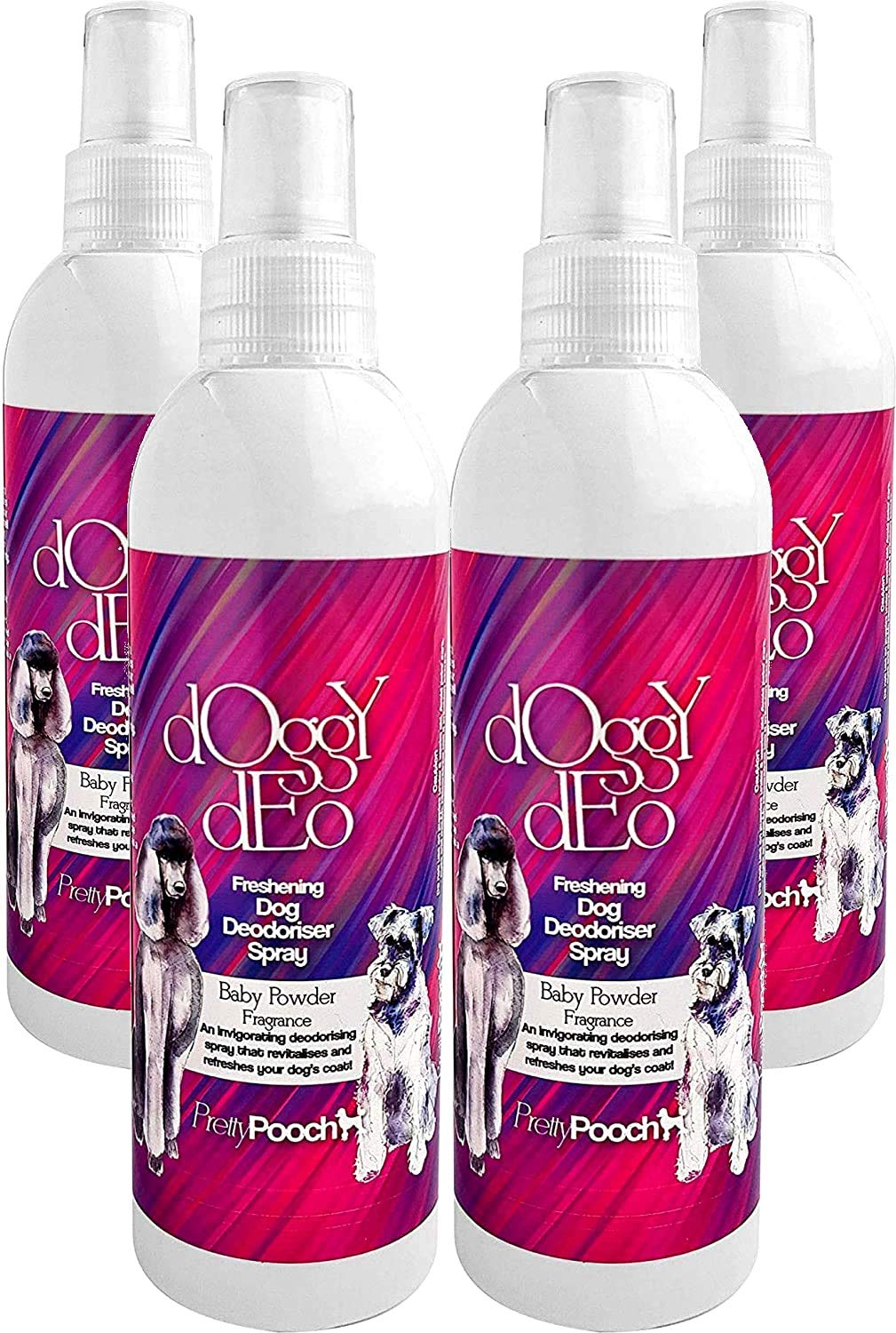 Pretty Pooch Dog Deodoriser Spray Perfume - Baby Powder - 4 Pack of 250ml - Dry Shampoo Spray for Dogs - Made in the UK - PawsPlanet Australia