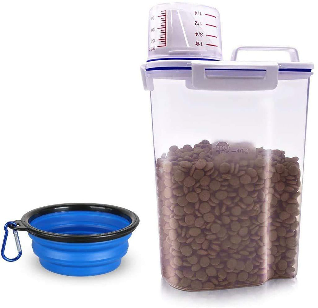 MMBOX Pet Food Storage Container, Small Dog Food Container Airtight Plastic Dispenser with Graduated Measuring Cup, Pourable Spout and Portable Collapsible Dog Bowl for Cats Birds Seed (Blue) - PawsPlanet Australia