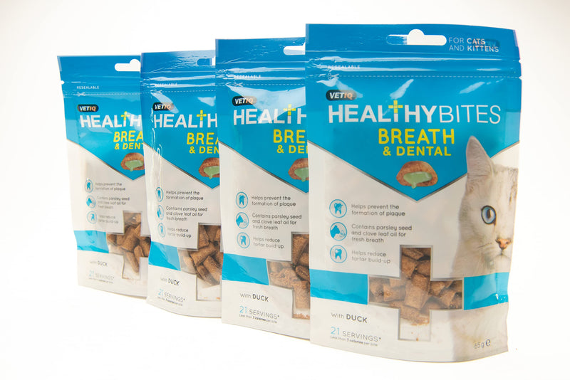 VetIQ Healthy Bites Breath & Dental Cat Treats, 4x 65g, Cat Dental Care Helps Prevent Plaque & Tartar Build Up, Cat Supplement with Vitamins & Minerals, Bad Breath Pet Remedy For Cat & Kitten Health - PawsPlanet Australia