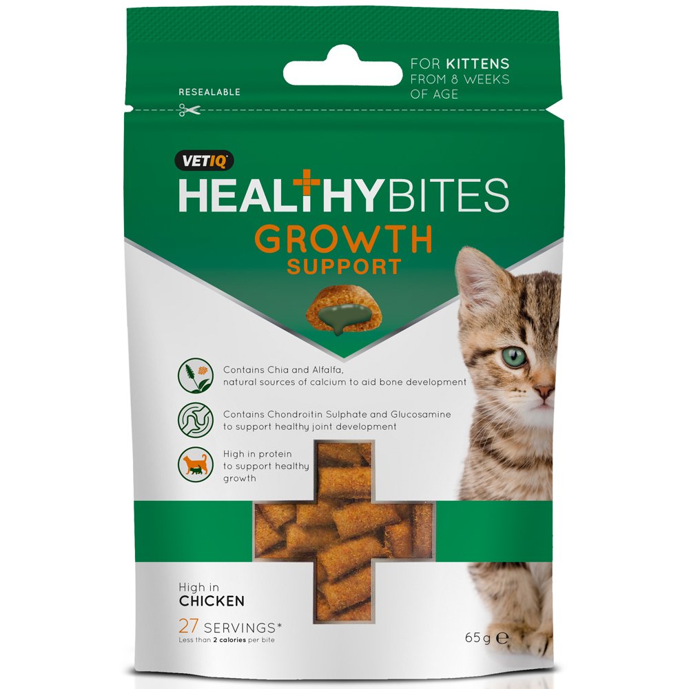VetIQ HealthyBites Growth Support Cat Treats, 4x 65g, Kitten Supplements High In Protein, Pet Remedy w/Chia & Alfalfa For Bone Development, No Artificial Ingredients, Benefits For Cat & Kitten Health - PawsPlanet Australia