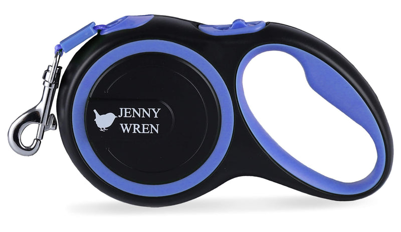 Jenny Wren Tangle-Free, Retractable Dog Lead with Anti-Slip Handle; 5M / 16FT Blue Strong Nylon Tape/Ribbon; One-Handed Brake, Pause, Lock Blue 16 FT / 5 Meter - PawsPlanet Australia
