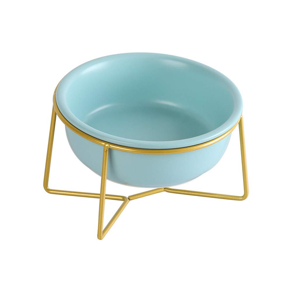 HCHLQLZ Blue Small Ceramic Tilted Elevated Cat Dog Bowl Raised Cat Food Water Bowl Dish Pet Comfort Feeding Bowls with Gold iron stand - PawsPlanet Australia