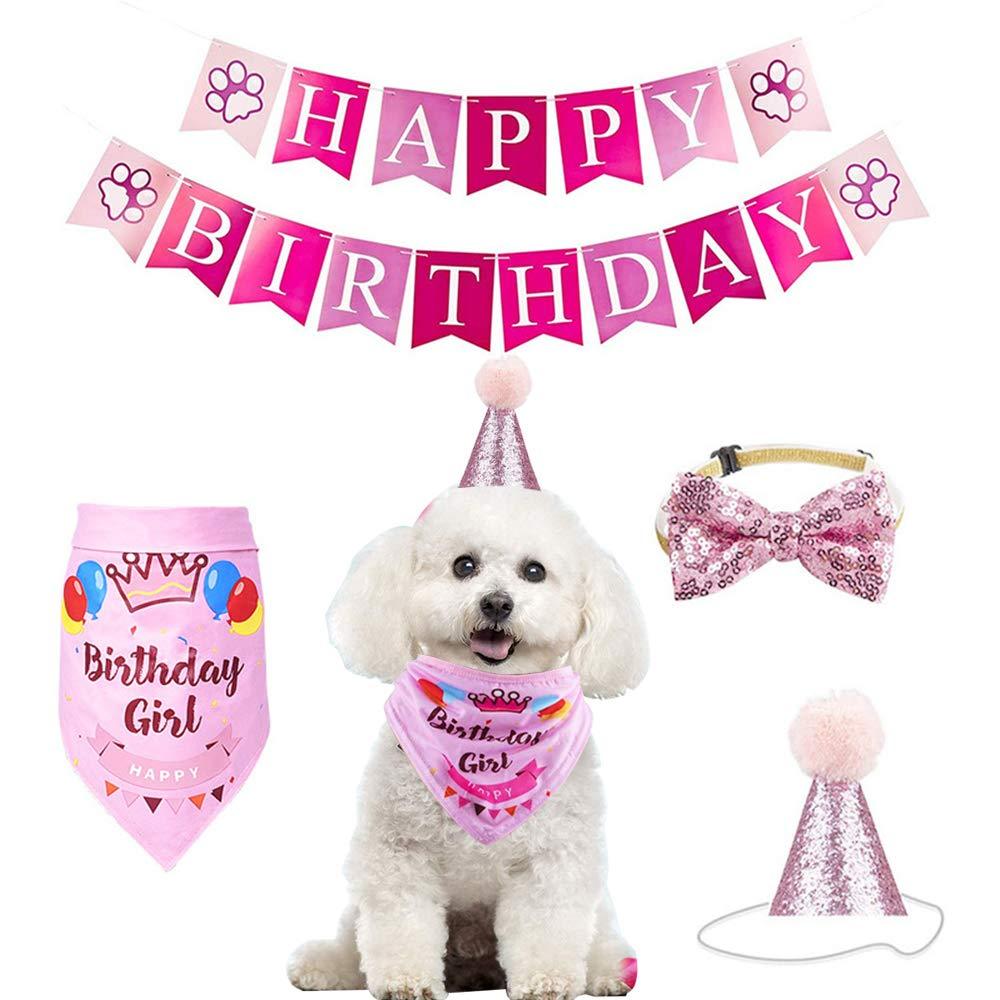 YUET Dog Cat Pet Happy Birthday Bandana Neckerchief Scarfs Bow Ties & Cute Adorable Hat Headwear for Girls Dogs,Fancy Dress Scarf for Party Supplies,Outfit Gift Decorations Banner Set Puppy (Pink) Pink - PawsPlanet Australia