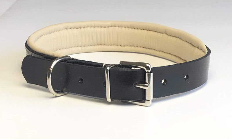 KLASSY K9 SEDGWICK BRIDLE LEATHER PADDED DOG COLLAR IN BLACK WITH CREAM LEATHER PADDING LARGE 19”-23” 48CM-58CM WITH CHROME ACCESSORIES - PawsPlanet Australia