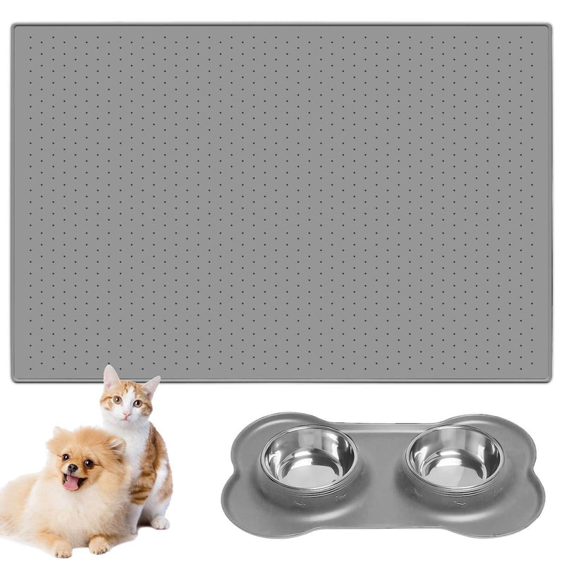 INPHER Feeding Mat Bowl Set, 2 Pack Silicone Pet Mat and Bowl Feeding Tray Non Slip Mat Waterproof FDA Grade Feeding Water Food for Cats Puppies Dogs Small Animals,60 x 40 cm Grey - PawsPlanet Australia