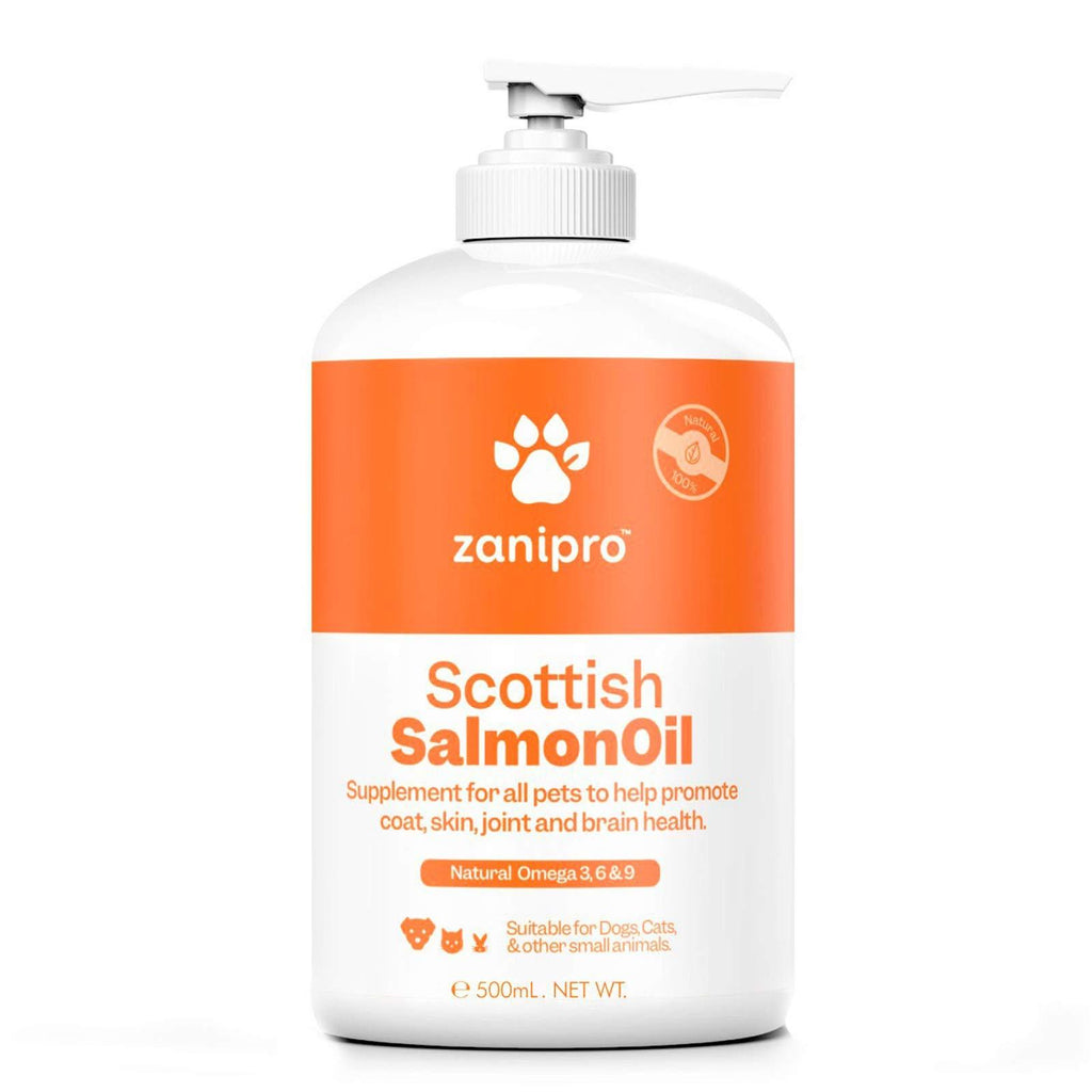 Zanipro Pure Scottish Salmon Oil for Dogs & Cats - UK Made - 100% Natural Omega 3, 6 and 9 Fish Oil Food Supplement - For Healthy Coat, Itchy Skin, Brain, Joint and Immunity (500 ml) - PawsPlanet Australia