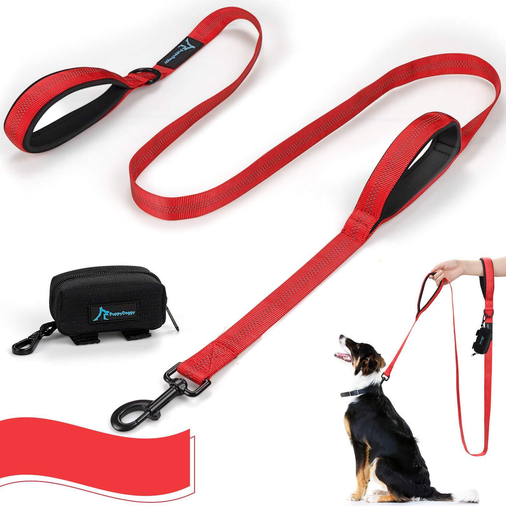 PuppyDoggy Dog Lead Double Padded Handles 1.8m*2.5cm Nylon Dog Rope Leads for Large,Medium Dogs Reflective Safety with Poop Bag Dispenser for Walking Training Leash (Red) Red - PawsPlanet Australia