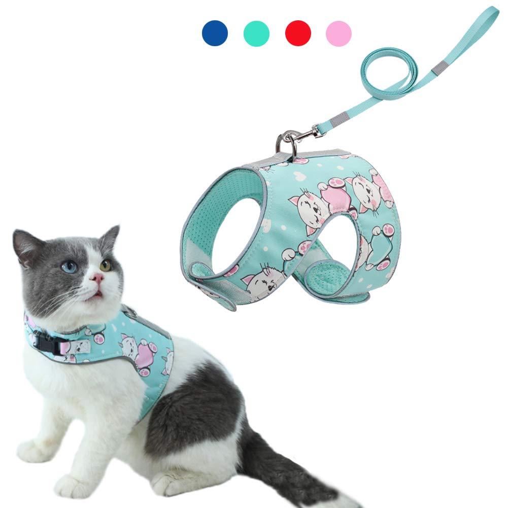 FEimaX Cat Harness and Leash Set for Walking Escape Proof, Soft Mesh Holster Style Adjustable Kitten Vest Harness with Reflective Strips for Small Cats M Green - PawsPlanet Australia