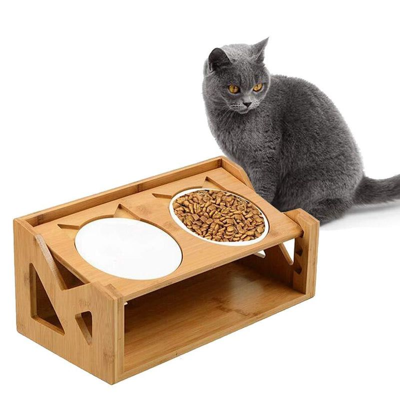 ECOSCO Pets Cats Bowl, Ceramic Feeding Drinking Bowls Combination with Bamboo Frame, for Neck Health, Adjustable Three Heights,with 2 Ceramic Bowls (A) A - PawsPlanet Australia