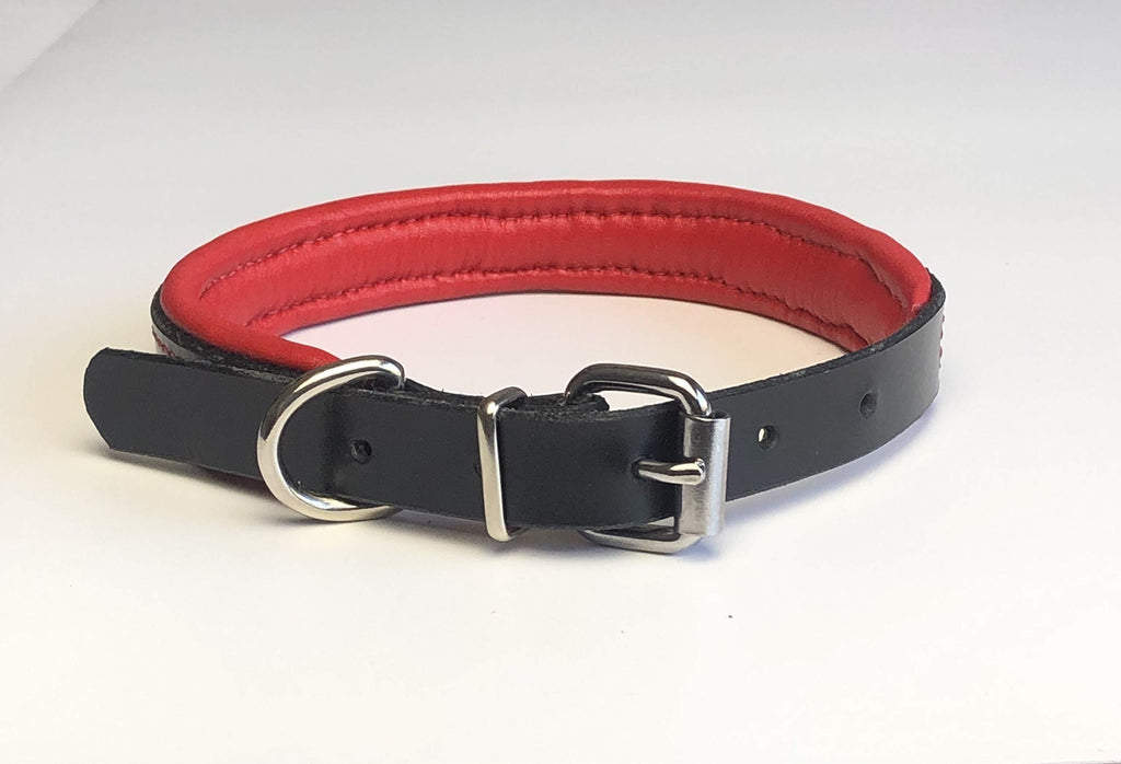 KLASSY K9 SEDGWICK BRIDLE LEATHER PADDED DOG COLLAR IN BLACK WITH RED LEATHER PADDING MEDIUM 16”-20” 40CM-50CM WITH CHROME ACCESSORIES - PawsPlanet Australia