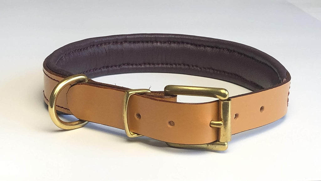 KLASSY K9 SEDGWICK BRIDLE LEATHER PADDED DOG COLLAR IN LONDON TAN WITH PLUM LEATHER PADDING LARGE 19"-23" 48CM-58CM WITH BRASS ACCESSORIES - PawsPlanet Australia