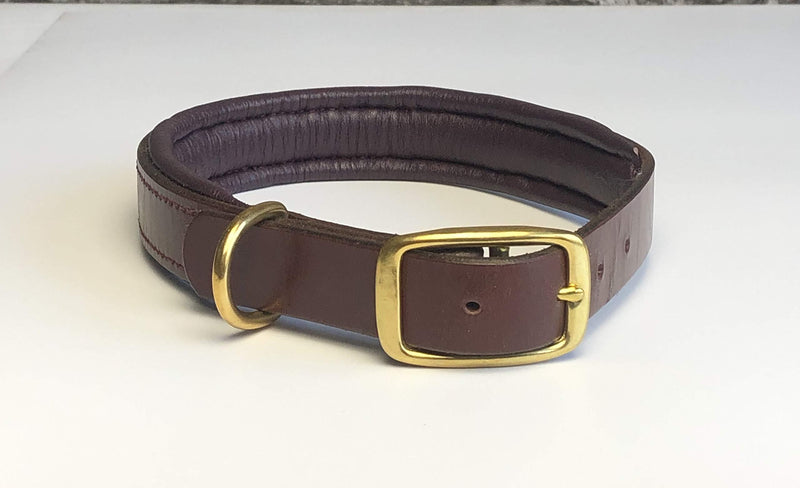 KLASSY K9 ITALIAN BRIDLE LEATHER PADDED DOG COLLAR IN AUSTRALIAN NUT (MAHOGANY BROWN) WITH PLUM LEATHER PADDING LARGE 19"-23" 48CM-58CM WITH BRASS ACCESSORIES - PawsPlanet Australia