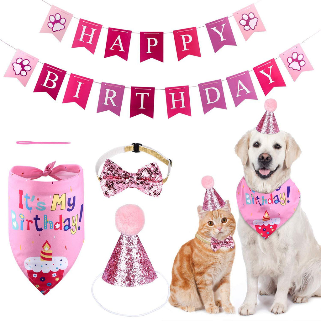 MELLIEX Dog Birthday Bandana Hat Bow Tie Banner Set, Dog Cat Pet Boy Girl Cute Bow Tie Triangle Scarf Birthday Party Supplies Decorations Pink / Girls - PawsPlanet Australia