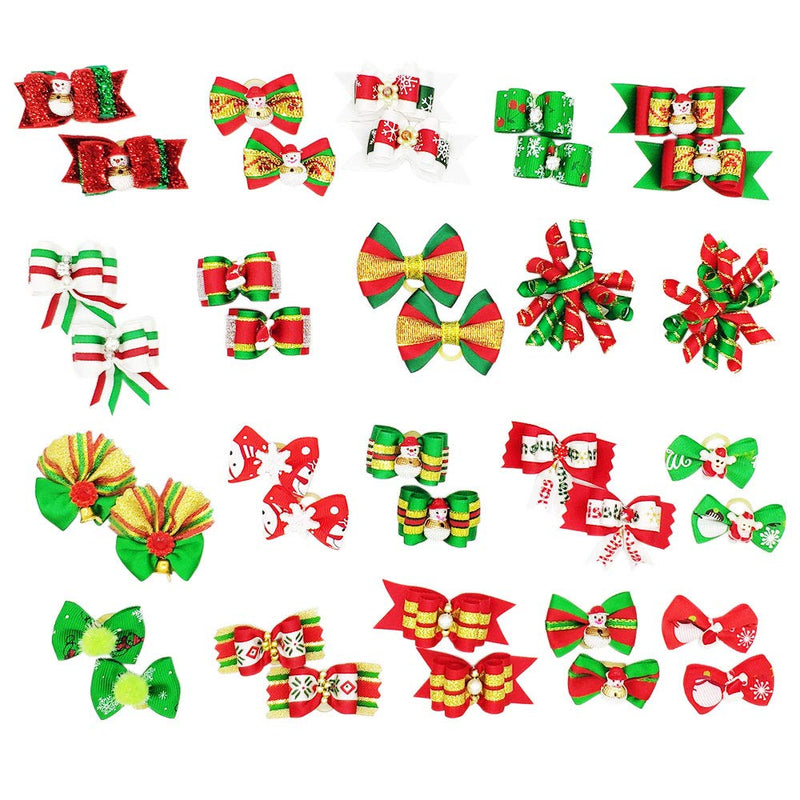 Hixixi 24pcs/12pairs Pet Dog Cat Christmas Designs 3D Hair Bows for Xmas Holidays Puppy Grooming Hair Accessories with Rubber Bands - PawsPlanet Australia