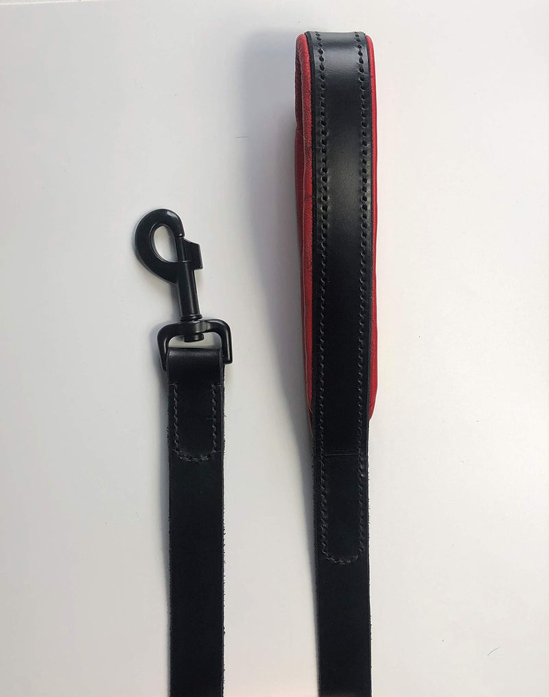 KLASSY K9 SEDGWICK BRIDLE LEATHER PADDED DOG LEAD IN BLACK WITH RED LEATHER PADDING 1" WIDE WITH BLACK TRIGGER - PawsPlanet Australia