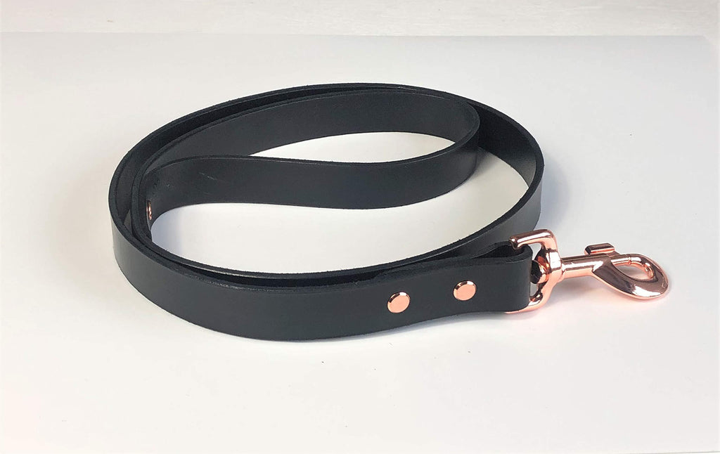 ITALIAN BRIDLE LEATHER DOG LEAD IN BLACK WITH ROSE GOLD TRIGGER 1" (25MM) WIDE - PawsPlanet Australia