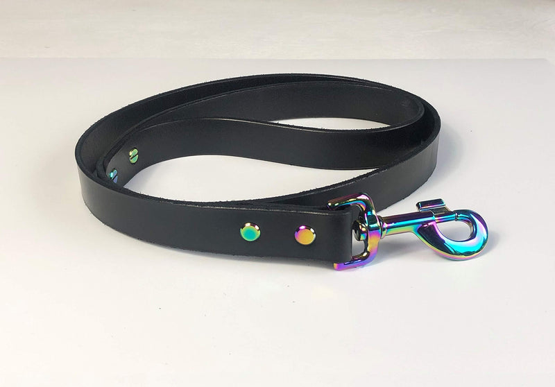 ITALIAN BRIDLE LEATHER DOG LEAD IN BLACK WITH RAINBOW TRIGGER 1" (25MM) WIDE - PawsPlanet Australia