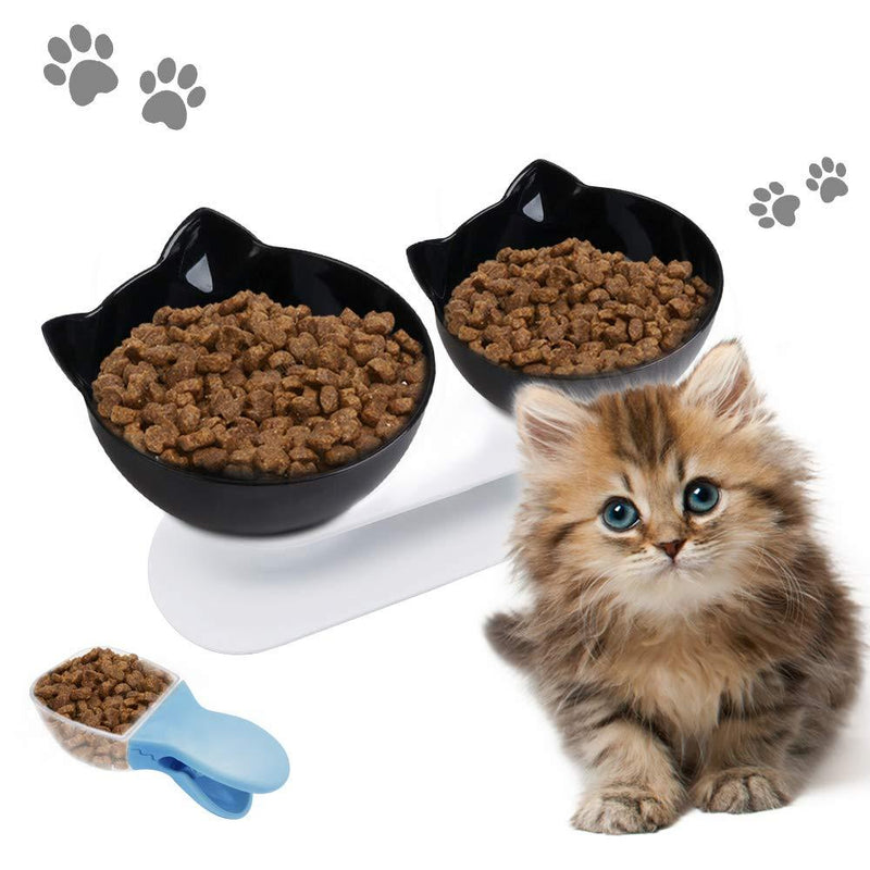 WQU elevated double cat bowl, lovely cat-ear style, 15° inclined non-slip cat food and water bowl, protect the pet's cervical spine, removable cat and dog pet bowl, free food spoon Black - PawsPlanet Australia