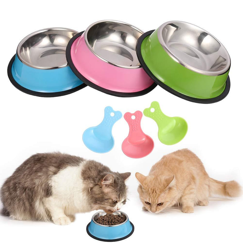 tonyg-p 3 Pack Cat Food Bowl Stainless Steel Cat Feeding Bowls with 3 Food Scoops, Anti-slip Non-spill Food Grade Cat Food Water Bowl for Cats Rabbits Puppy (Blue, Pink, Green) - PawsPlanet Australia