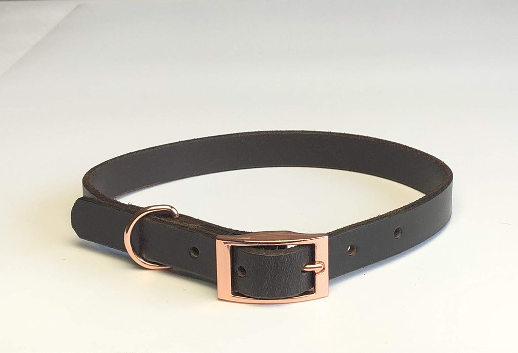 DARK BROWN ITALIAN BRIDLE LEATHER LUXURY HANDMADE DOG COLLAR MEDIUM 16"-20" 40CM-50CM WITH ROSE GOLD ACCESSORIES - PawsPlanet Australia