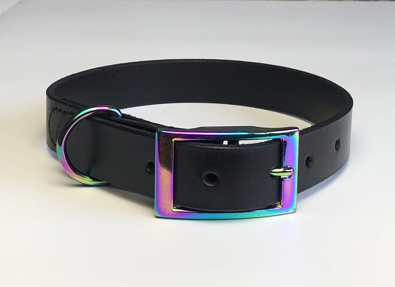 BLACK ITALIAN BRIDLE LEATHER LUXURY HANDMADE DOG COLLAR MEDIUM 16"-20" 40CM-50CM WITH RAINBOW ACCESSORIES - PawsPlanet Australia