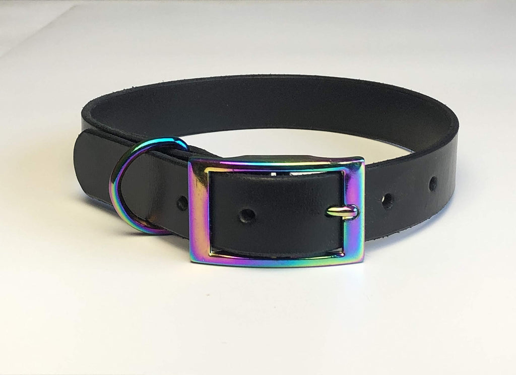 BLACK ITALIAN BRIDLE LEATHER LUXURY HANDMADE DOG COLLAR MEDIUM 16"-20" 40CM-50CM WITH RAINBOW ACCESSORIES AND RIVETS - PawsPlanet Australia