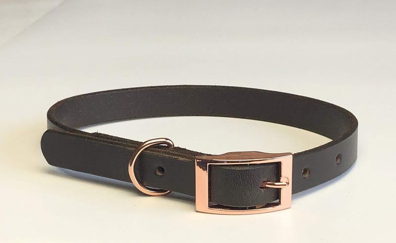 DARK BROWN ITALIAN BRIDLE LEATHER LUXURY HANDMADE DOG COLLAR MEDIUM 16"-20" 40CM-50CM WITH ROSE GOLD ACCESSORIES AND RIVETS - PawsPlanet Australia